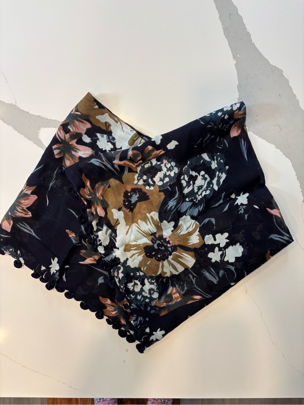 Anthropologie Navy Floral Pom-Pom Eternity Scarf